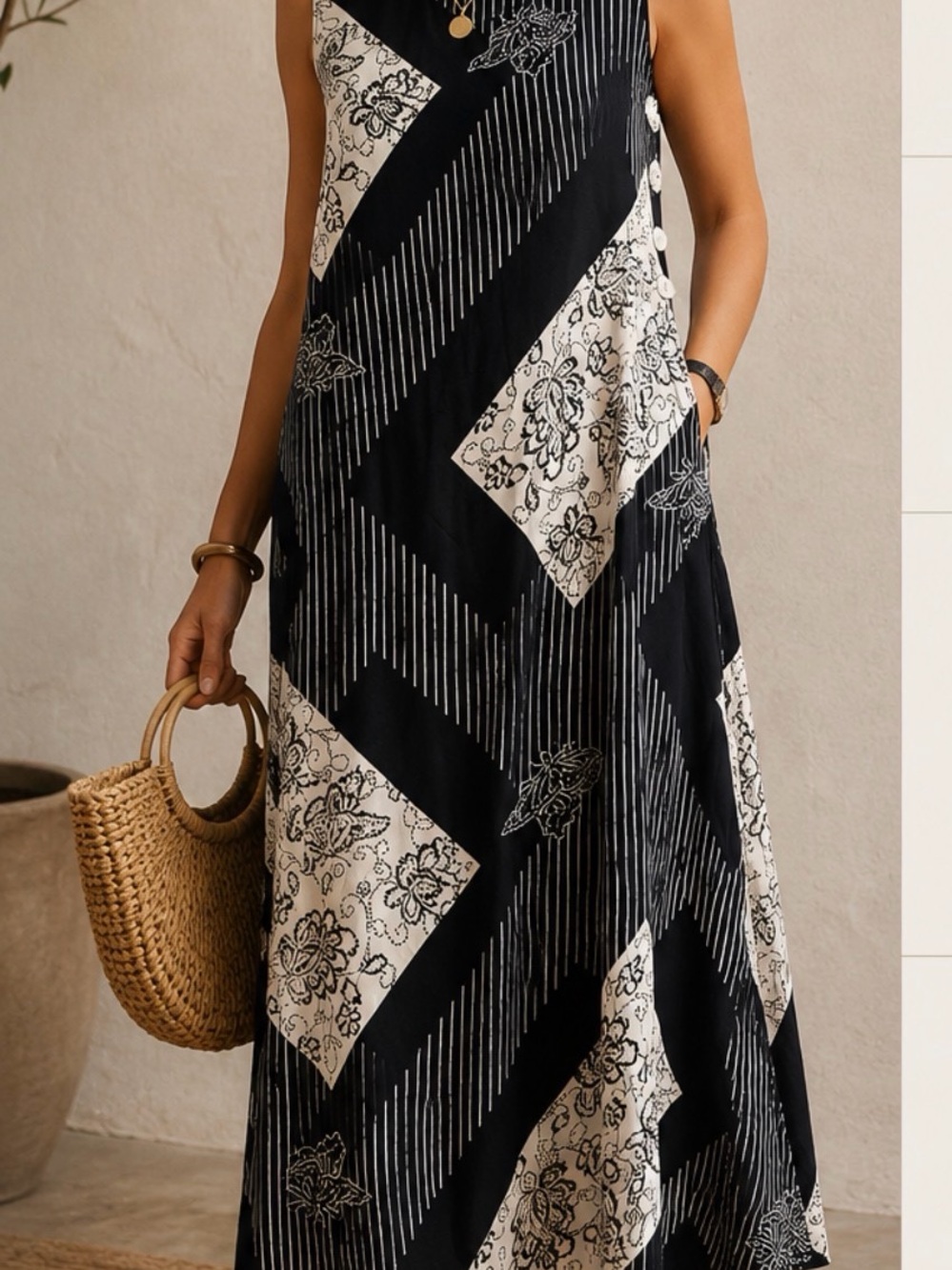 La Cera Black and White Geometric Floral Maxi Dress